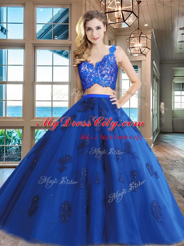 High End Royal Blue Two Pieces Tulle V-neck Sleeveless Lace and Appliques Floor Length Zipper Sweet 16 Quinceanera Dress