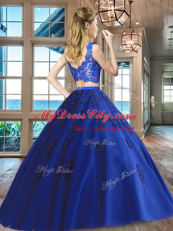 High End Royal Blue Two Pieces Tulle V-neck Sleeveless Lace and Appliques Floor Length Zipper Sweet 16 Quinceanera Dress