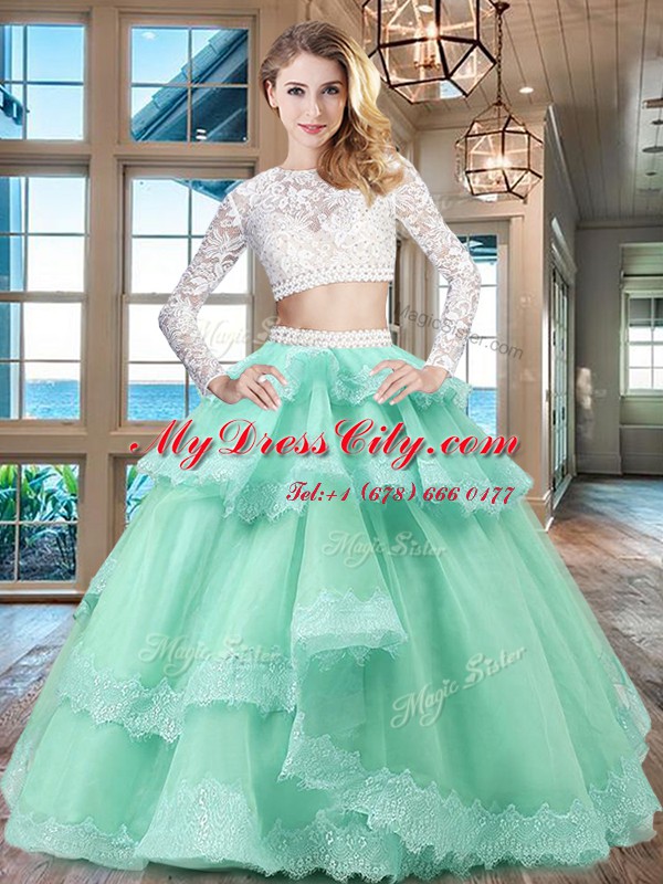 Lace Ruffled Floor Length Apple Green 15th Birthday Dress Scoop Long Sleeves Zipper