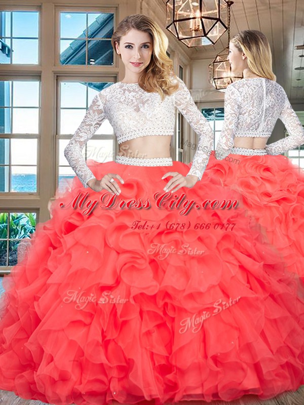 Stunning Scoop Long Sleeves Organza Floor Length Zipper Sweet 16 Dresses in Red with Beading and Lace and Ruffles