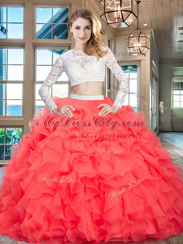 Stunning Scoop Long Sleeves Organza Floor Length Zipper Sweet 16 Dresses in Red with Beading and Lace and Ruffles