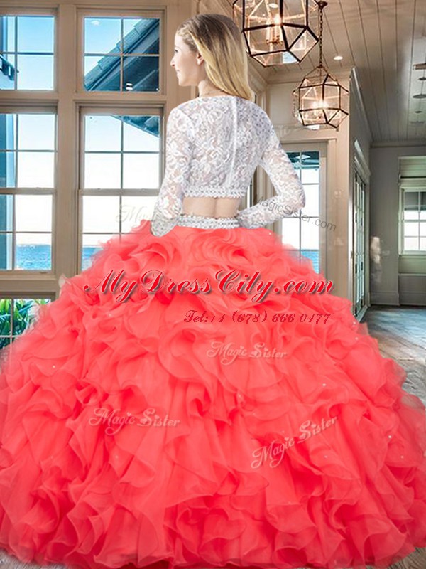 Stunning Scoop Long Sleeves Organza Floor Length Zipper Sweet 16 Dresses in Red with Beading and Lace and Ruffles