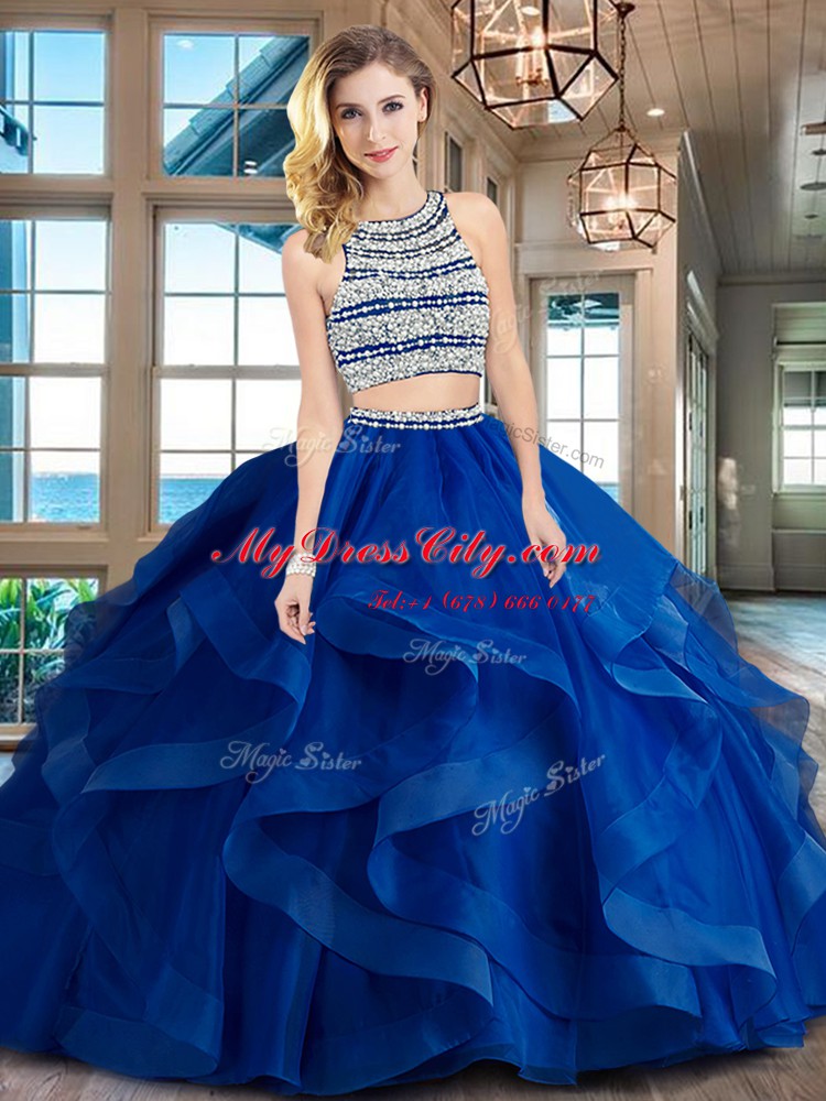 Scoop Royal Blue Sleeveless With Train Beading and Ruffles Backless Quince Ball Gowns