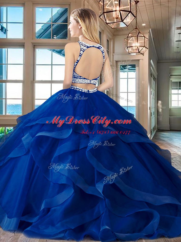 Scoop Royal Blue Sleeveless With Train Beading and Ruffles Backless Quince Ball Gowns