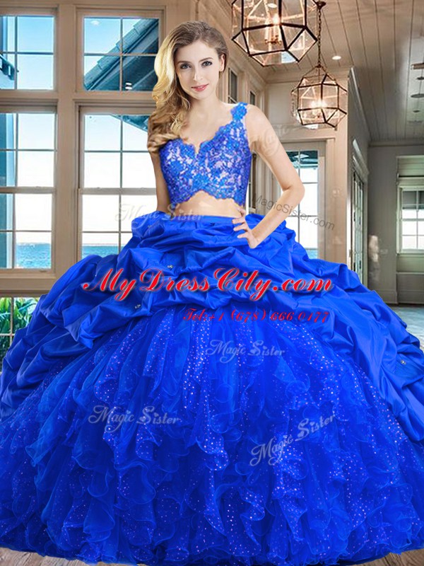 Custom Design Royal Blue V-neck Zipper Lace and Ruffles and Pick Ups Sweet 16 Quinceanera Dress Brush Train Sleeveless