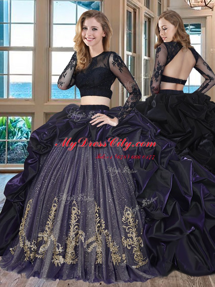 Trendy Scoop Pick Ups With Train Two Pieces Long Sleeves Purple 15 Quinceanera Dress Brush Train Backless