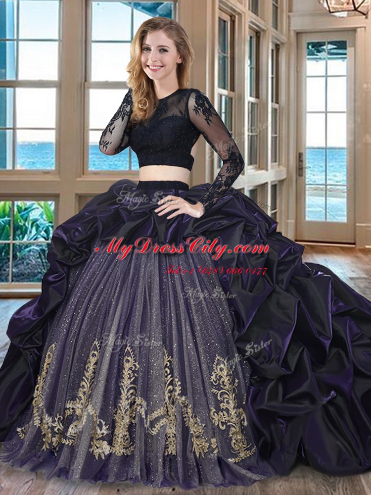 Trendy Scoop Pick Ups With Train Two Pieces Long Sleeves Purple 15 Quinceanera Dress Brush Train Backless