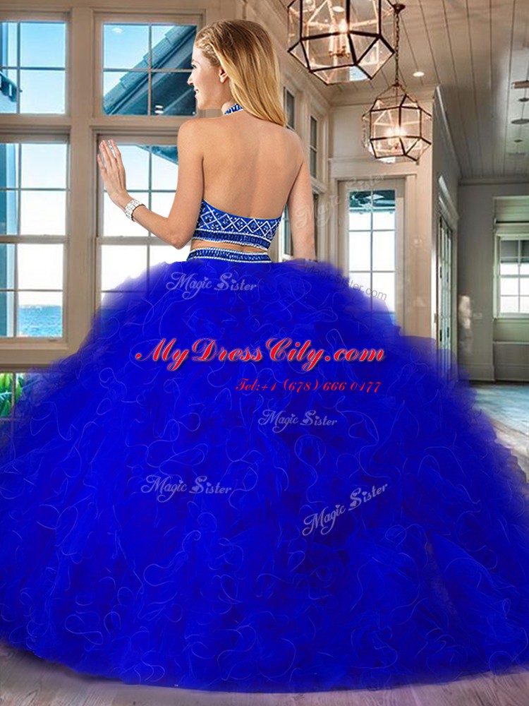 Stunning Halter Top Sleeveless Brush Train Backless Beading and Ruffles Quinceanera Gown