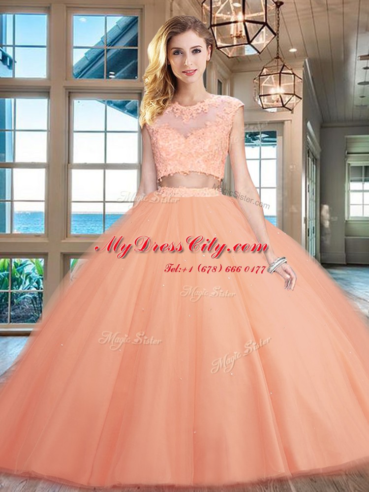 High Class Peach Two Pieces Tulle Scoop Cap Sleeves Beading and Appliques Floor Length Zipper Sweet 16 Dress