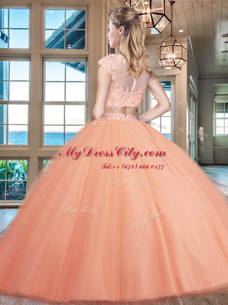 High Class Peach Two Pieces Tulle Scoop Cap Sleeves Beading and Appliques Floor Length Zipper Sweet 16 Dress