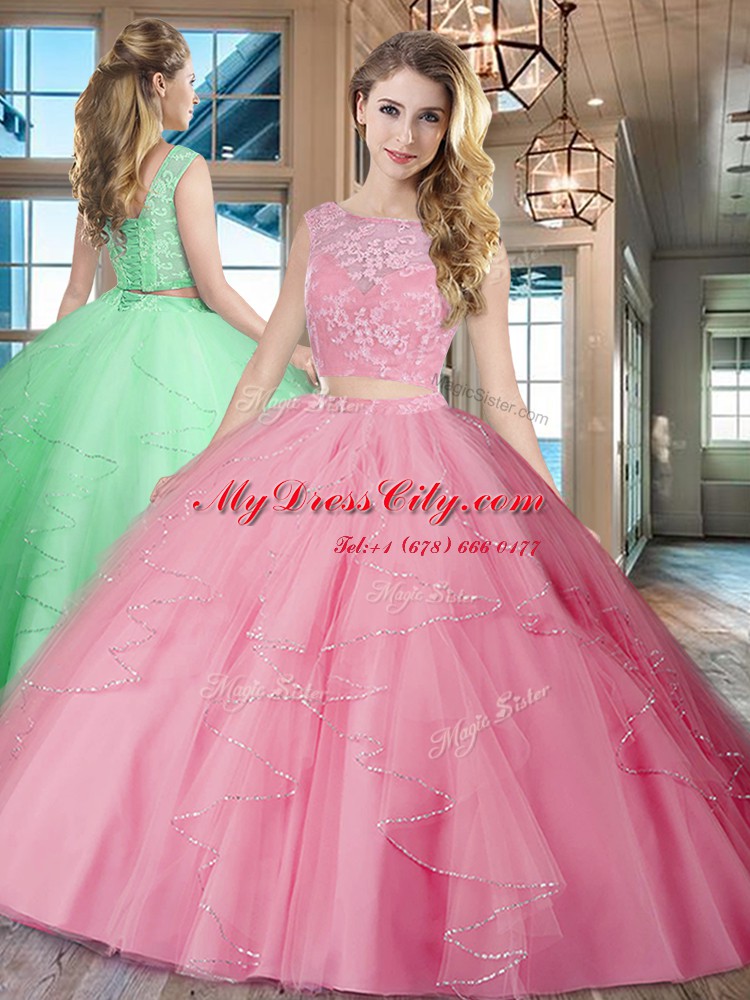 Rose Pink Lace Up Quinceanera Dress Lace and Ruffles Sleeveless With Brush Train