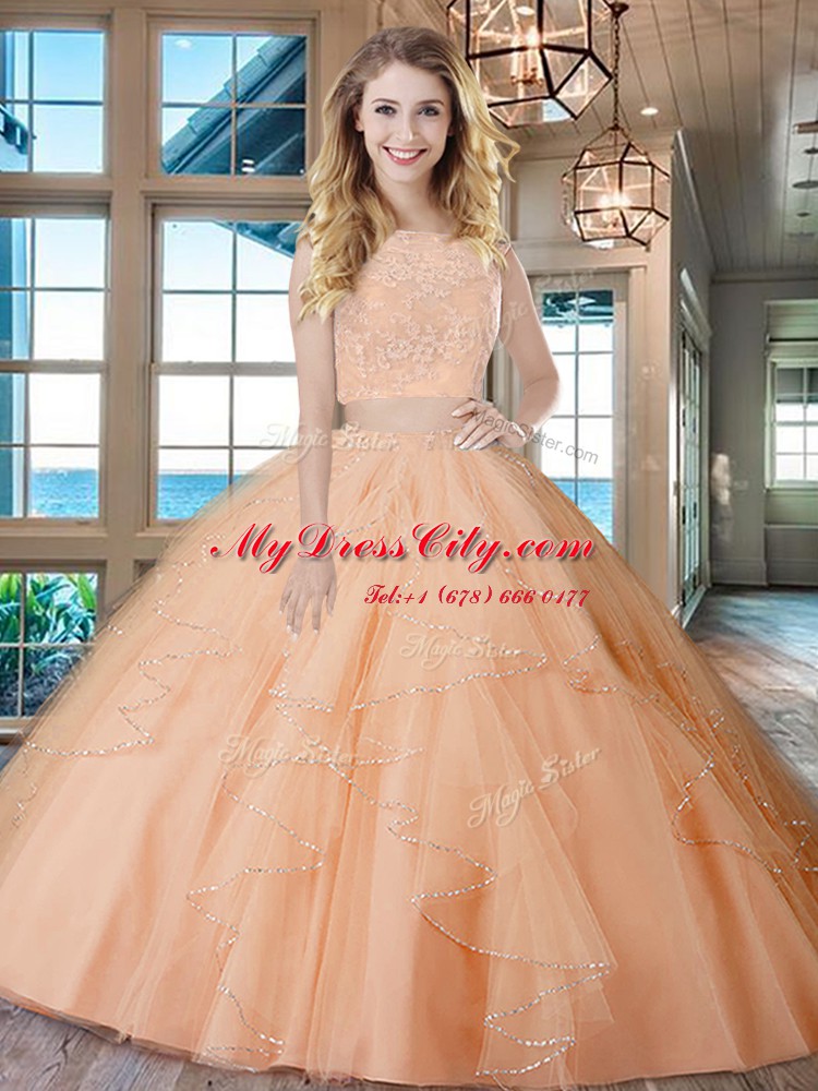 Rose Pink Lace Up Quinceanera Dress Lace and Ruffles Sleeveless With Brush Train