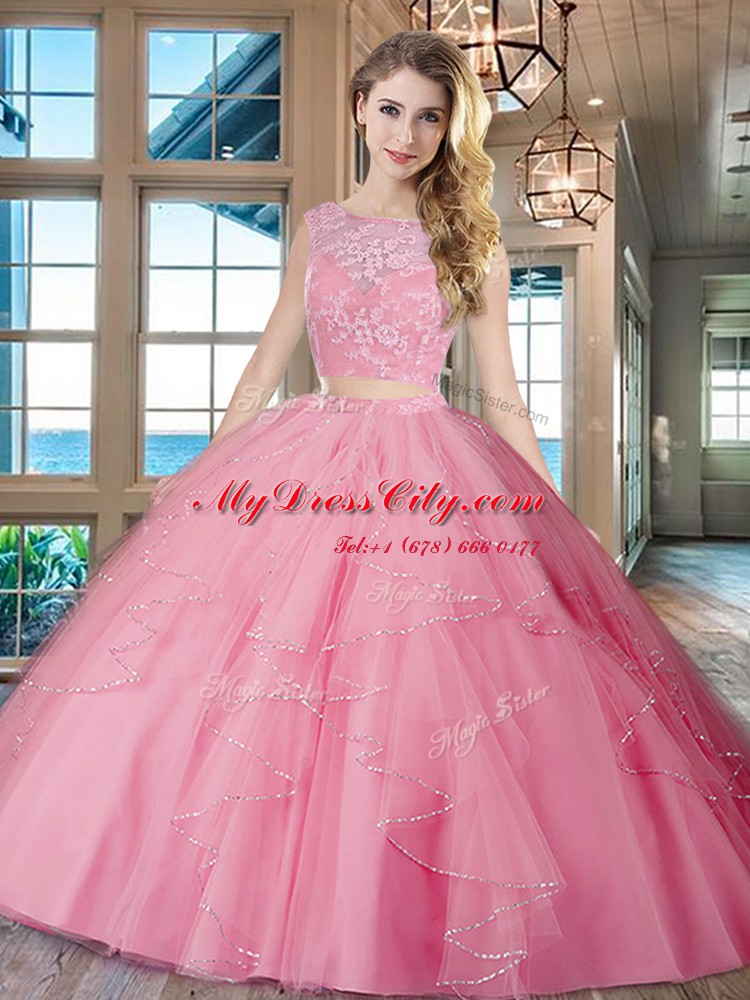 Rose Pink Lace Up Quinceanera Dress Lace and Ruffles Sleeveless With Brush Train