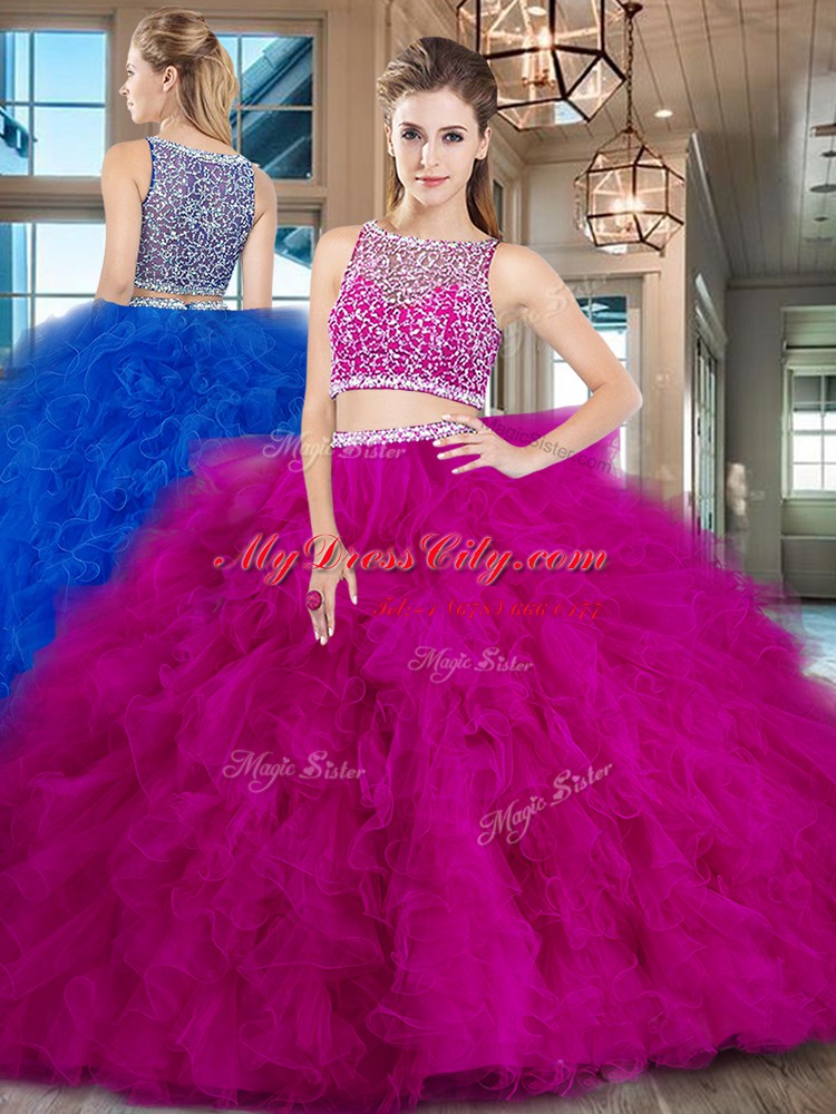 Customized Fuchsia Two Pieces Beading and Ruffles Ball Gown Prom Dress Side Zipper Tulle Sleeveless With Train