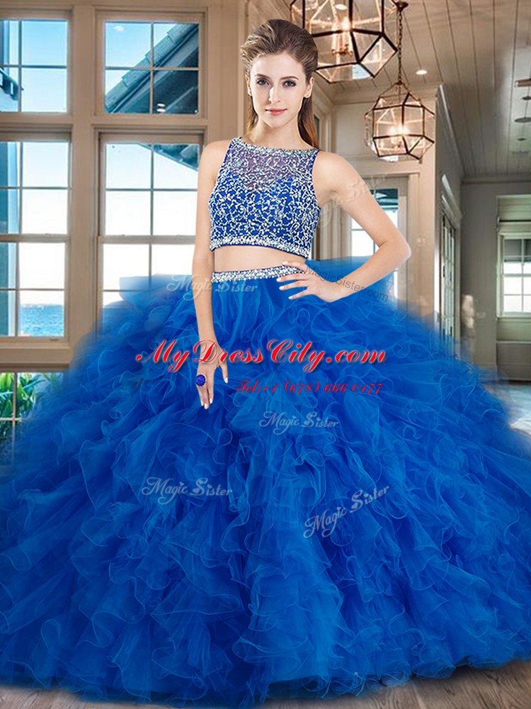 Customized Fuchsia Two Pieces Beading and Ruffles Ball Gown Prom Dress Side Zipper Tulle Sleeveless With Train