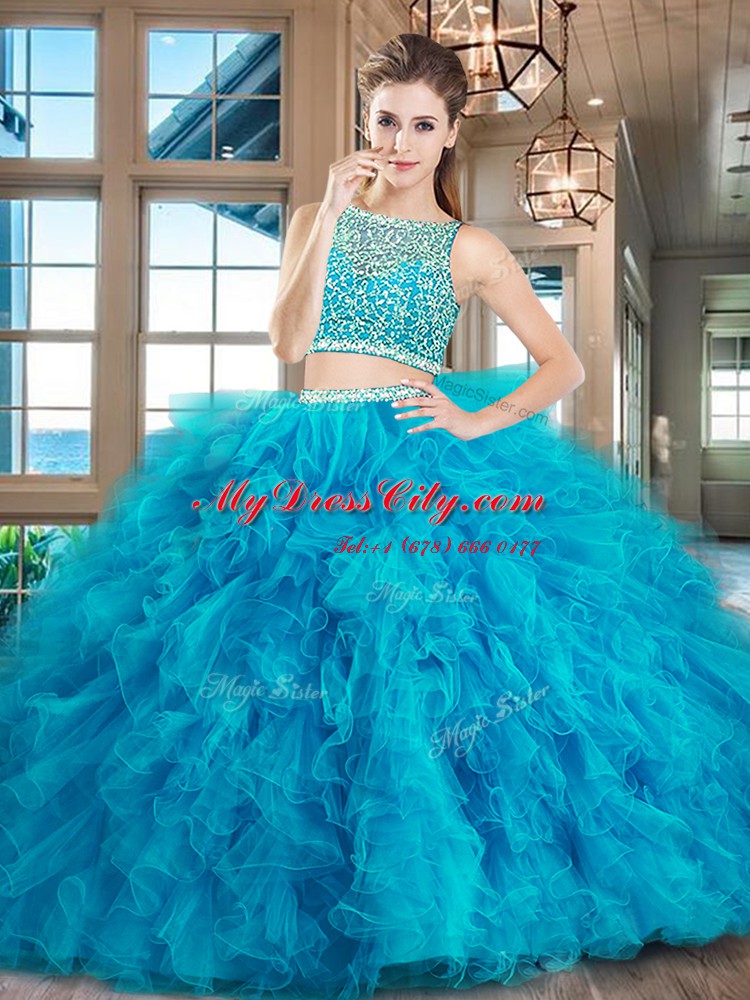 Customized Fuchsia Two Pieces Beading and Ruffles Ball Gown Prom Dress Side Zipper Tulle Sleeveless With Train