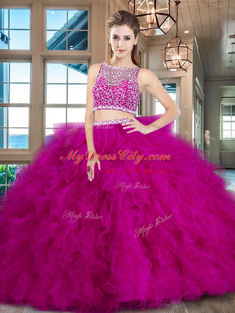 Customized Fuchsia Two Pieces Beading and Ruffles Ball Gown Prom Dress Side Zipper Tulle Sleeveless With Train