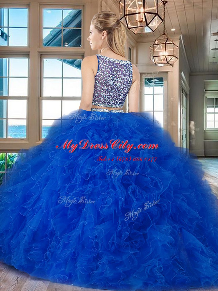 Customized Fuchsia Two Pieces Beading and Ruffles Ball Gown Prom Dress Side Zipper Tulle Sleeveless With Train