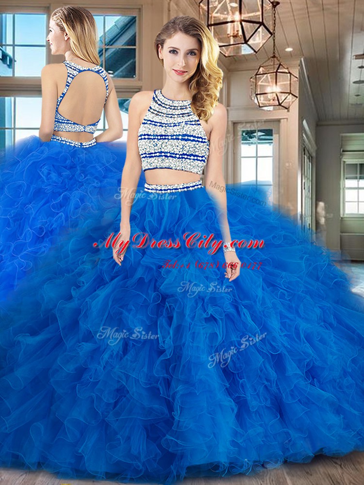 Customized Scoop Beading and Ruffles Quinceanera Dress Blue Backless Sleeveless Floor Length