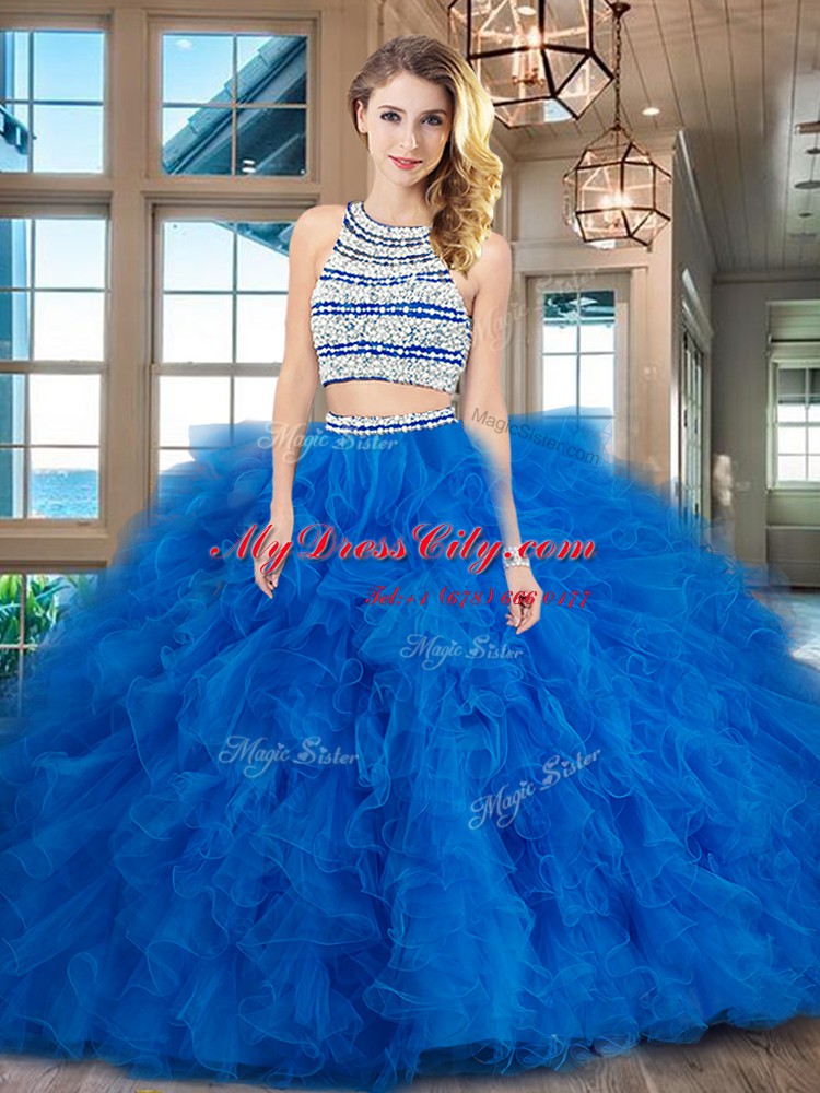 Customized Scoop Beading and Ruffles Quinceanera Dress Blue Backless Sleeveless Floor Length