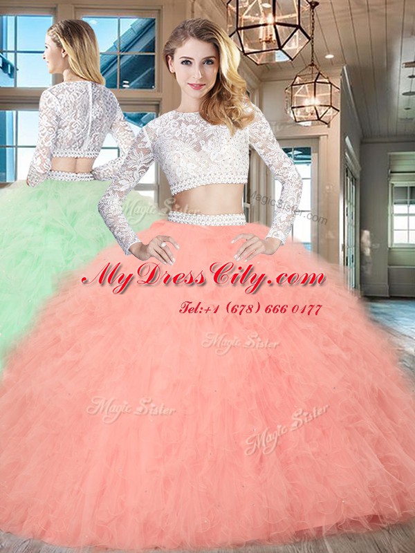 Watermelon Red Scoop Zipper Beading and Lace and Ruffles Vestidos de Quinceanera Long Sleeves