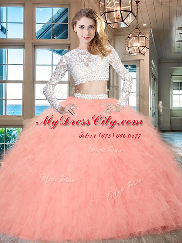 Watermelon Red Scoop Zipper Beading and Lace and Ruffles Vestidos de Quinceanera Long Sleeves