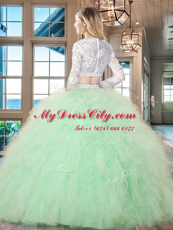 Watermelon Red Scoop Zipper Beading and Lace and Ruffles Vestidos de Quinceanera Long Sleeves