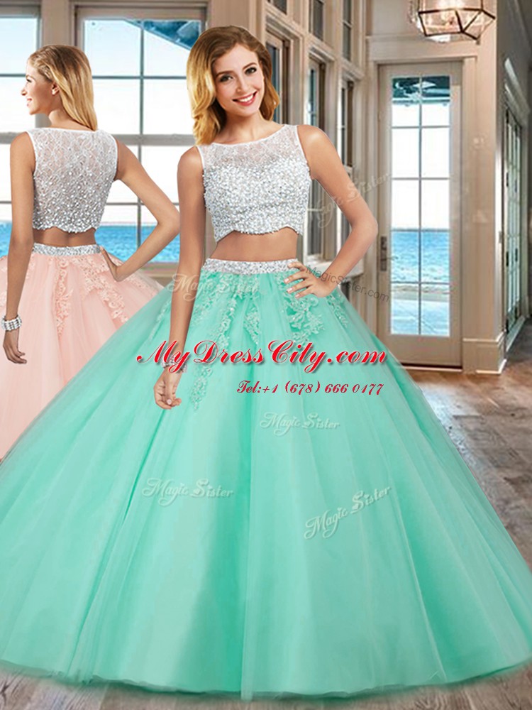 Customized Two Pieces Ball Gown Prom Dress Apple Green Bateau Tulle Sleeveless Floor Length Side Zipper