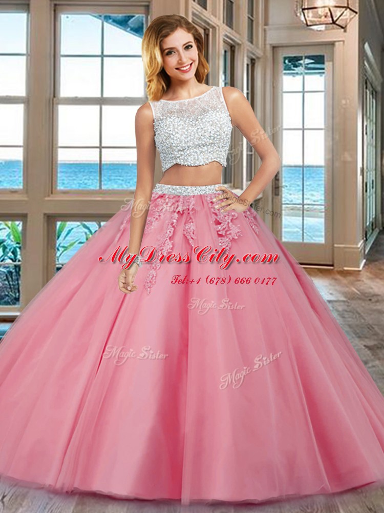 Customized Two Pieces Ball Gown Prom Dress Apple Green Bateau Tulle Sleeveless Floor Length Side Zipper