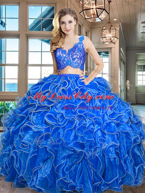 Pretty Blue V-neck Zipper Lace and Ruffles Sweet 16 Dress Sleeveless