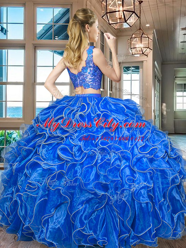 Pretty Blue V-neck Zipper Lace and Ruffles Sweet 16 Dress Sleeveless