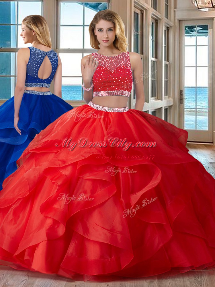 Artistic Scoop Sleeveless Zipper Quinceanera Gown Red Organza