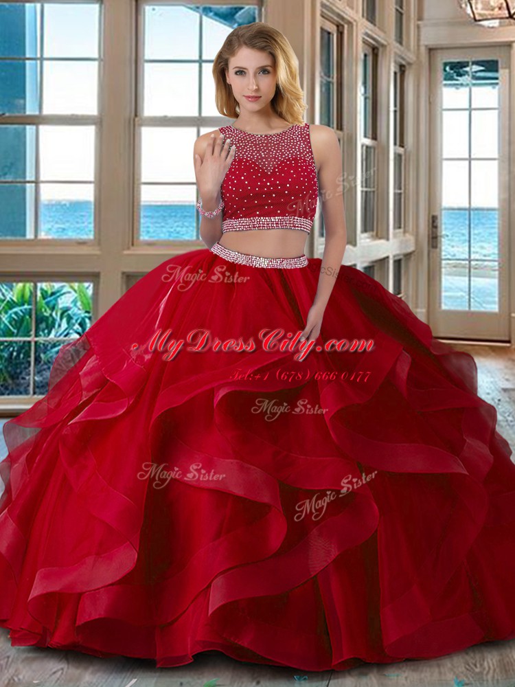 Artistic Scoop Sleeveless Zipper Quinceanera Gown Red Organza