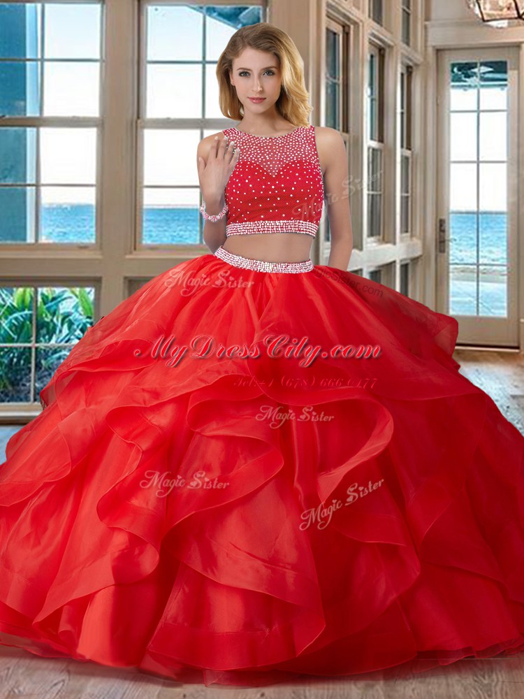 Artistic Scoop Sleeveless Zipper Quinceanera Gown Red Organza