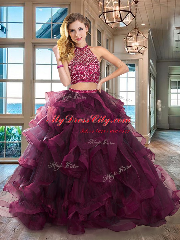 Luxury Halter Top Backless Dark Purple Sweet 16 Quinceanera Dress Tulle Brush Train Sleeveless Beading and Ruffles