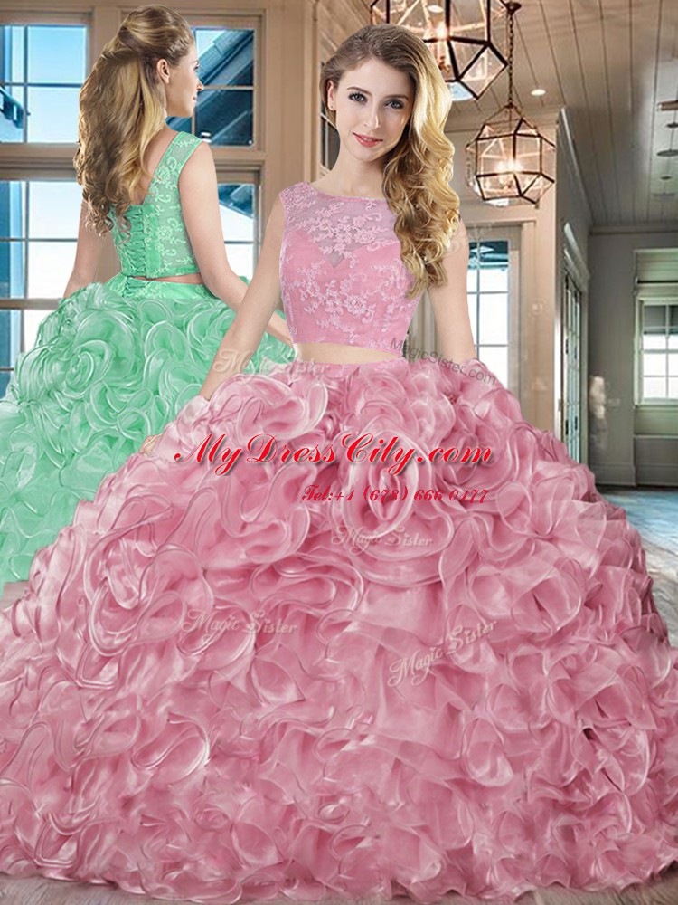 Pink Organza Lace Up Bateau Sleeveless With Train Sweet 16 Dress Brush Train Lace and Ruffles