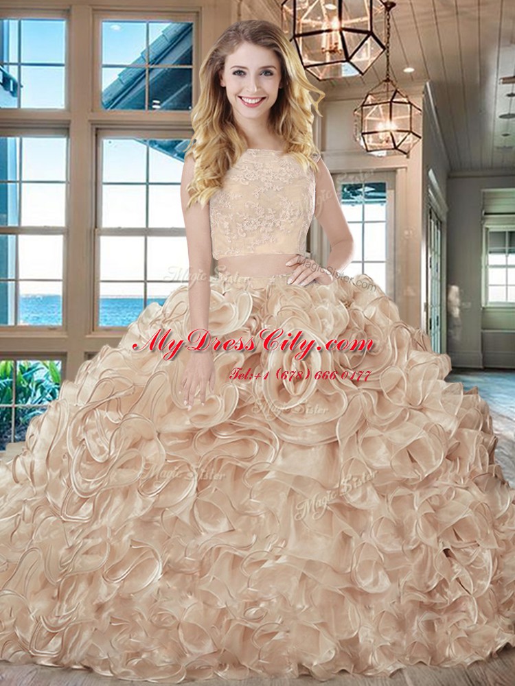 Pink Organza Lace Up Bateau Sleeveless With Train Sweet 16 Dress Brush Train Lace and Ruffles