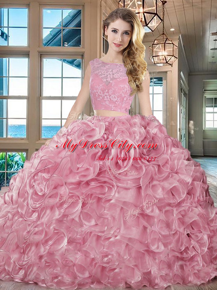 Pink Organza Lace Up Bateau Sleeveless With Train Sweet 16 Dress Brush Train Lace and Ruffles