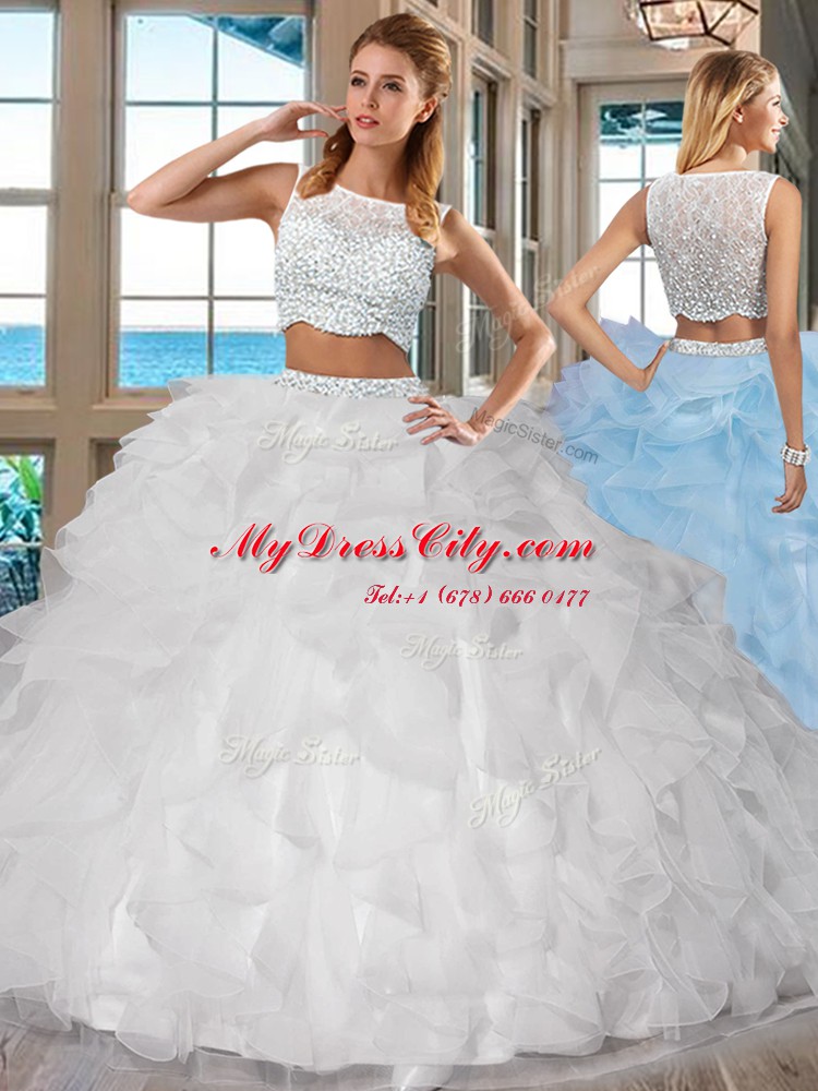 White Bateau Neckline Beading and Ruffles Quinceanera Gowns Sleeveless Side Zipper