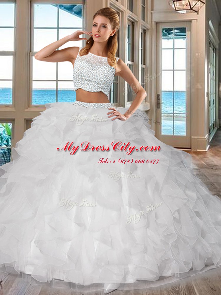 White Bateau Neckline Beading and Ruffles Quinceanera Gowns Sleeveless Side Zipper