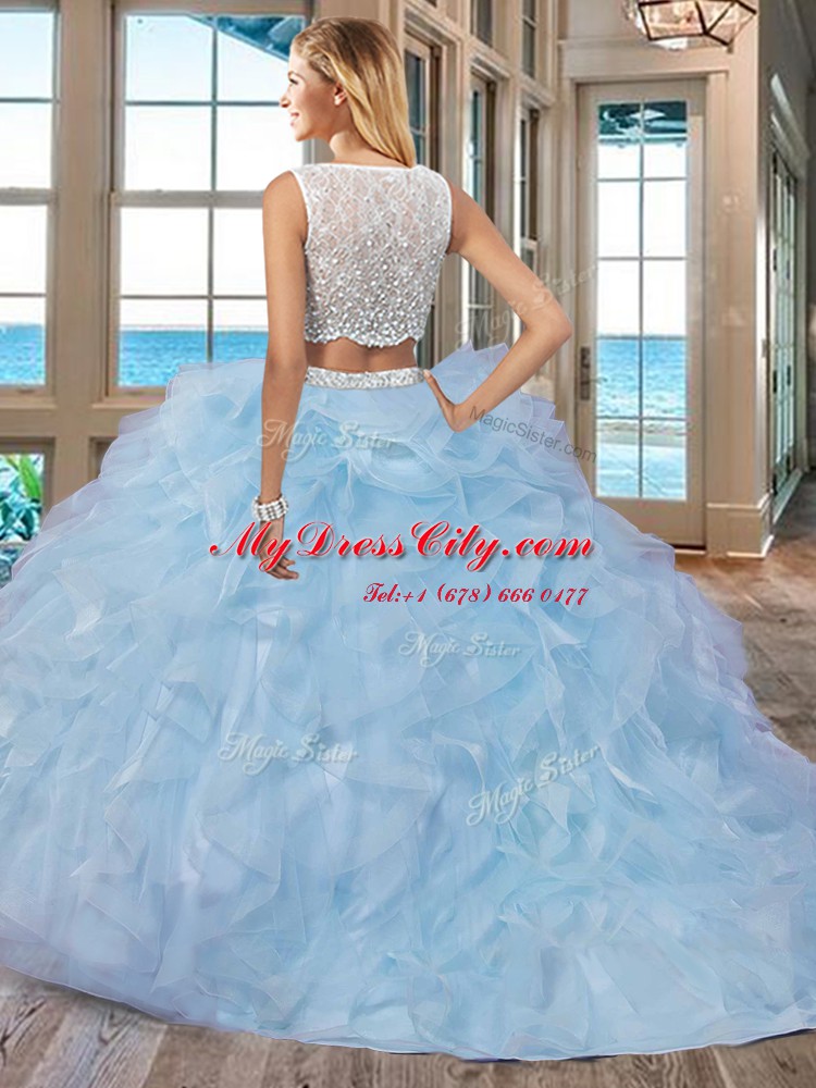 White Bateau Neckline Beading and Ruffles Quinceanera Gowns Sleeveless Side Zipper