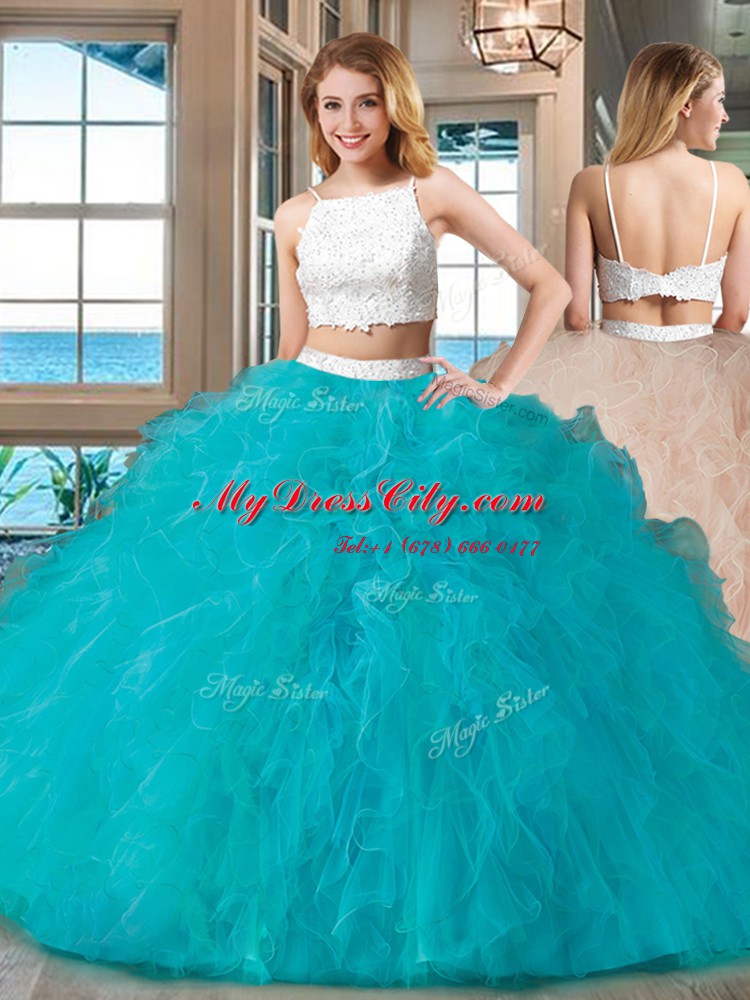 Fashion Straps Blue Sleeveless Tulle Backless Quinceanera Dress for Military Ball and Sweet 16 and Quinceanera