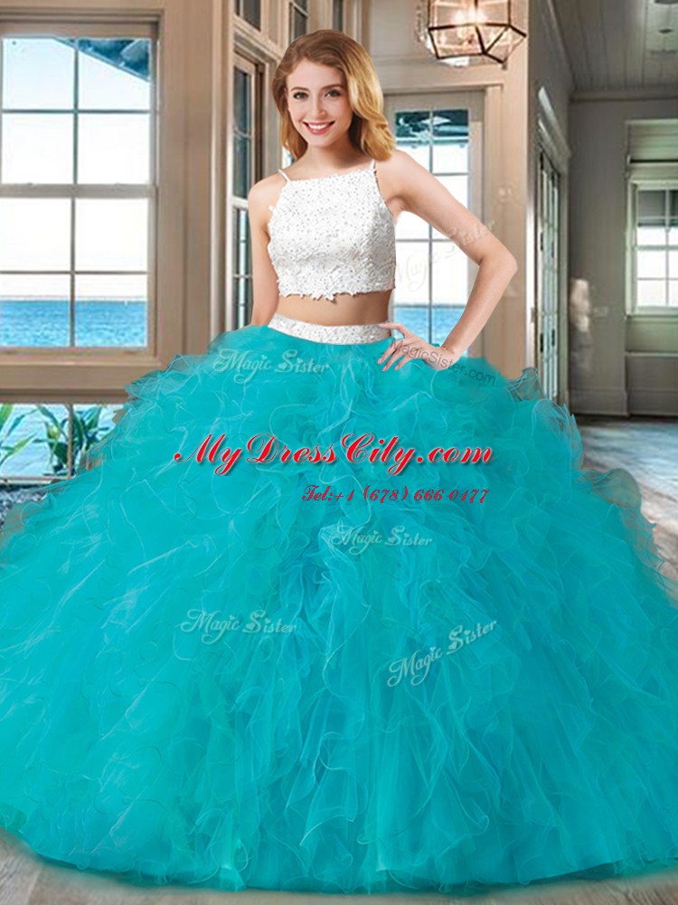 Fashion Straps Blue Sleeveless Tulle Backless Quinceanera Dress for Military Ball and Sweet 16 and Quinceanera