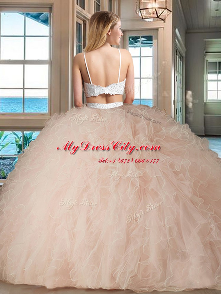 Fashion Straps Blue Sleeveless Tulle Backless Quinceanera Dress for Military Ball and Sweet 16 and Quinceanera