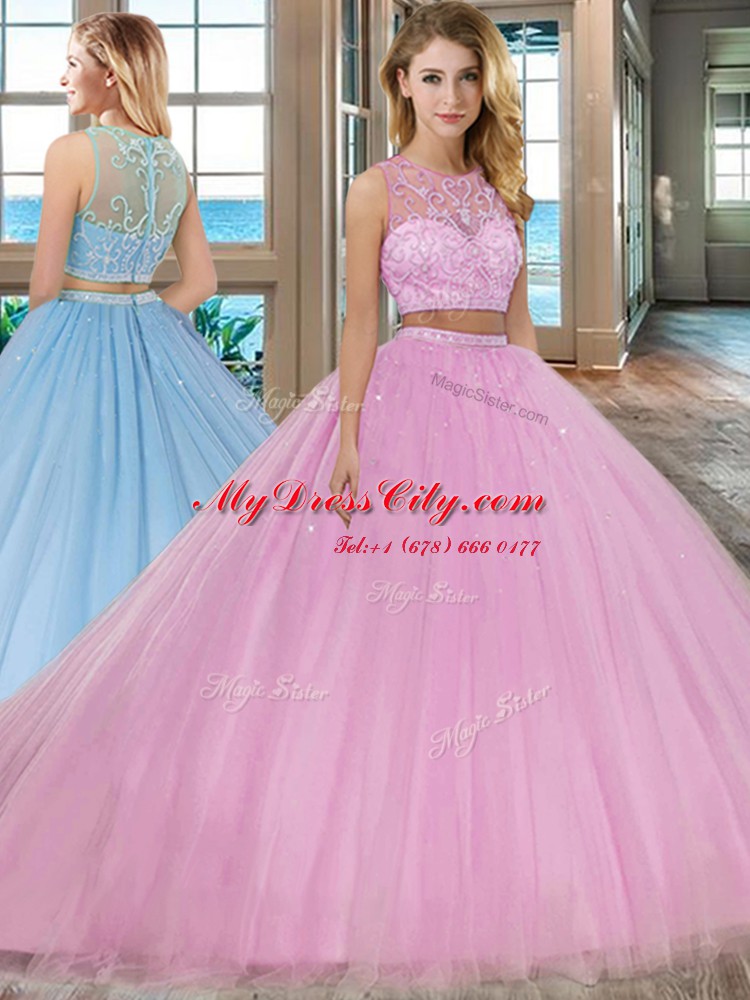 Lilac Two Pieces Scoop Sleeveless Tulle With Train Court Train Zipper Beading Quinceanera Dress