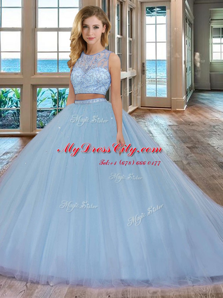 Lilac Two Pieces Scoop Sleeveless Tulle With Train Court Train Zipper Beading Quinceanera Dress