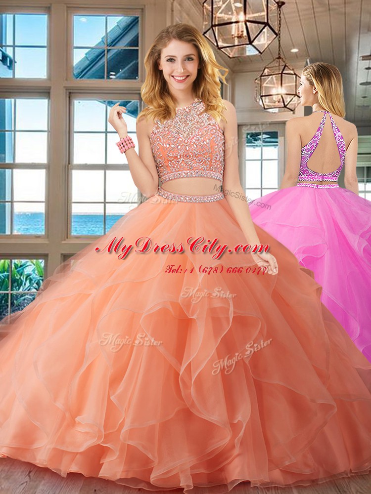 Scoop Beading and Ruffles Quinceanera Gowns Peach Backless Sleeveless Floor Length