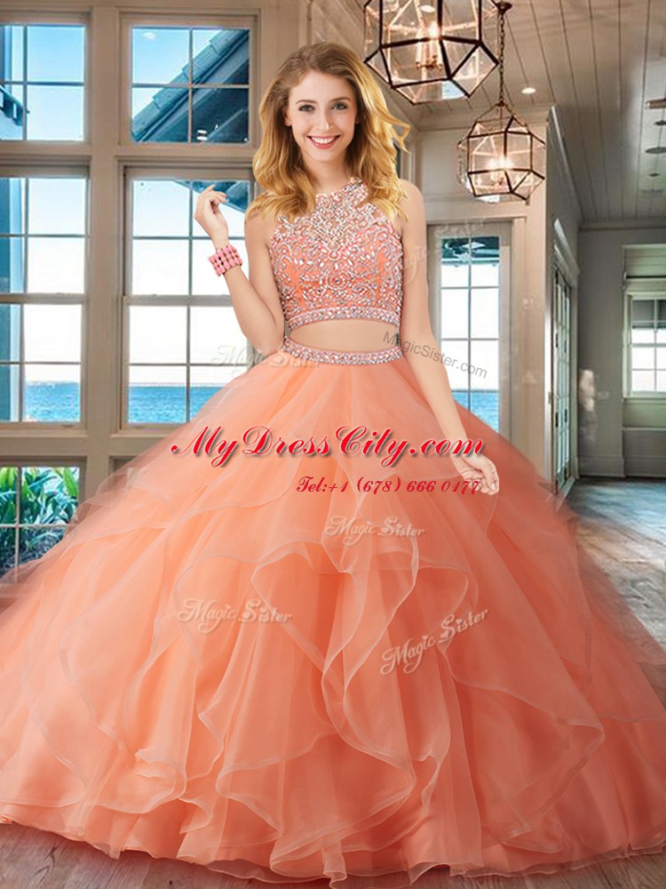 Scoop Beading and Ruffles Quinceanera Gowns Peach Backless Sleeveless Floor Length