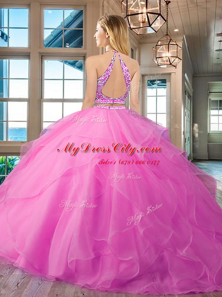 Scoop Beading and Ruffles Quinceanera Gowns Peach Backless Sleeveless Floor Length