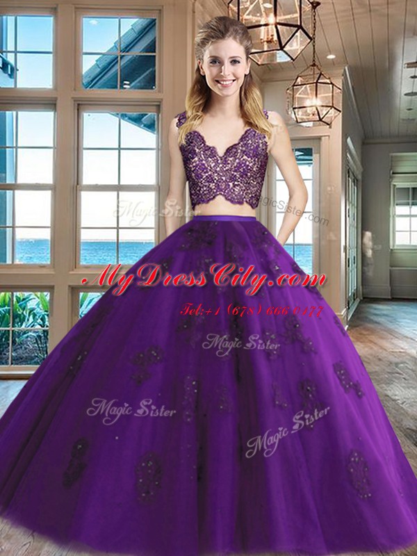 Low Price Purple V-neck Neckline Lace and Appliques Quinceanera Dress Sleeveless Zipper